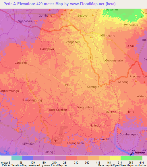 Petir A,Indonesia Elevation Map