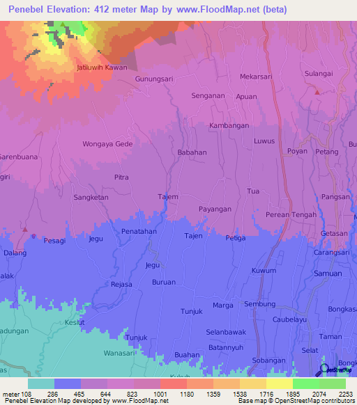 Penebel,Indonesia Elevation Map