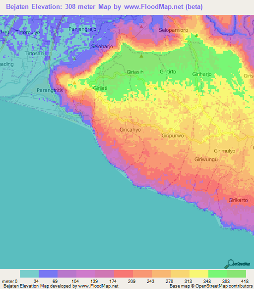 Bejaten,Indonesia Elevation Map