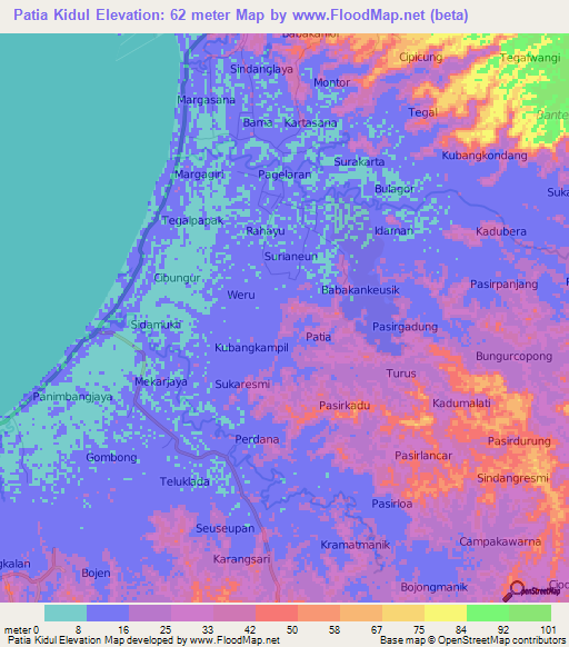 Patia Kidul,Indonesia Elevation Map