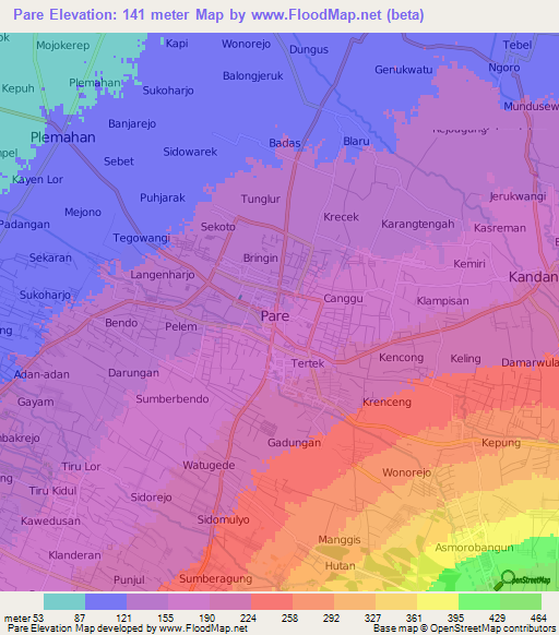 Pare,Indonesia Elevation Map