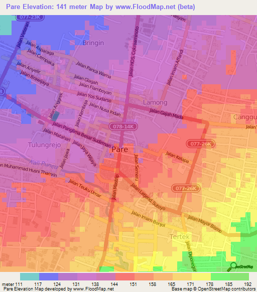 Pare,Indonesia Elevation Map