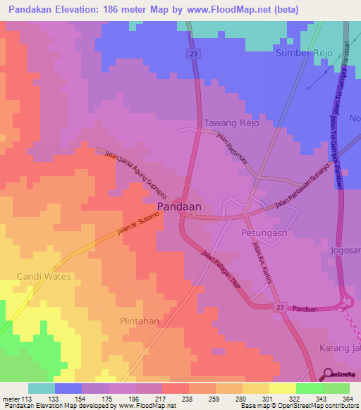 Pandakan,Indonesia Elevation Map