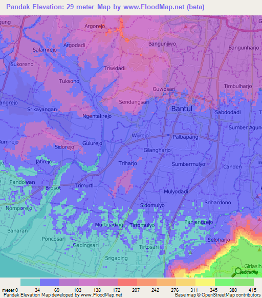 Pandak,Indonesia Elevation Map