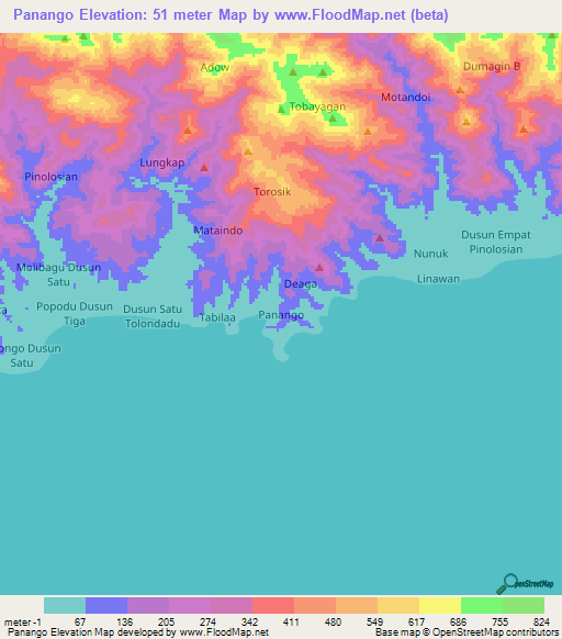 Panango,Indonesia Elevation Map