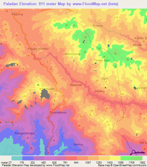 Paladan,Indonesia Elevation Map