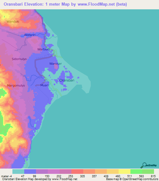 Oransbari,Indonesia Elevation Map