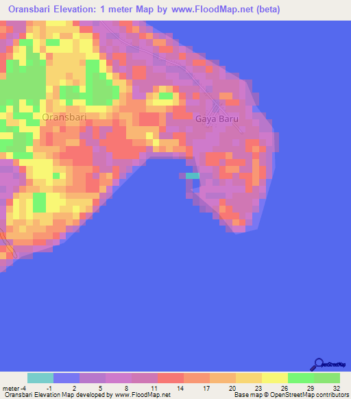 Oransbari,Indonesia Elevation Map