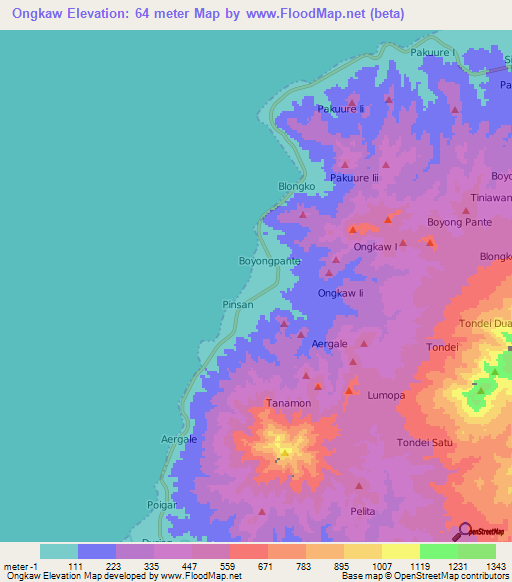 Ongkaw,Indonesia Elevation Map