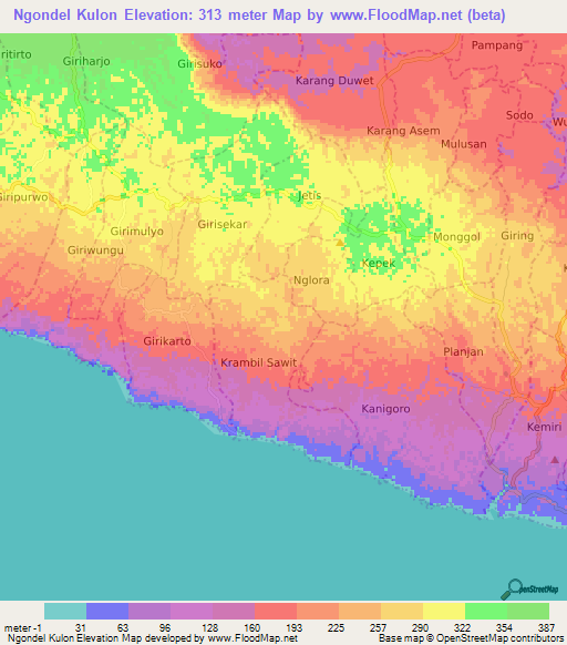 Ngondel Kulon,Indonesia Elevation Map