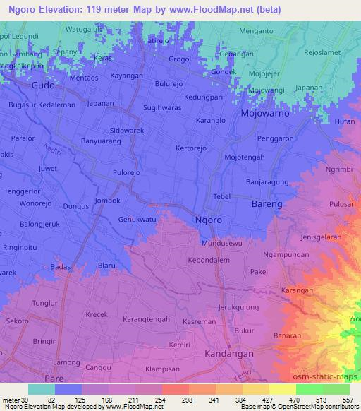 Ngoro,Indonesia Elevation Map
