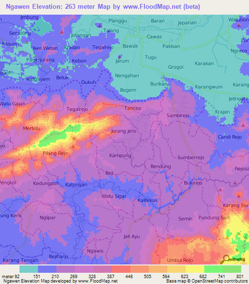 Ngawen,Indonesia Elevation Map