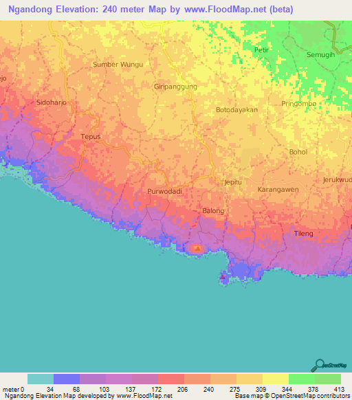 Ngandong,Indonesia Elevation Map