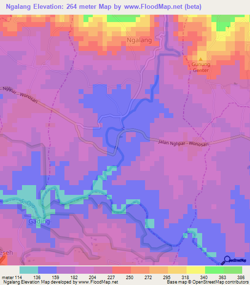 Ngalang,Indonesia Elevation Map