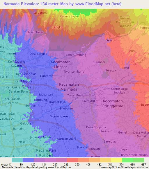 Narmada,Indonesia Elevation Map