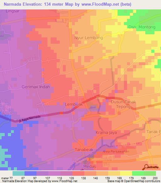 Narmada,Indonesia Elevation Map