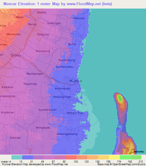 Muncar,Indonesia Elevation Map