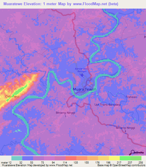 Muaratewe,Indonesia Elevation Map