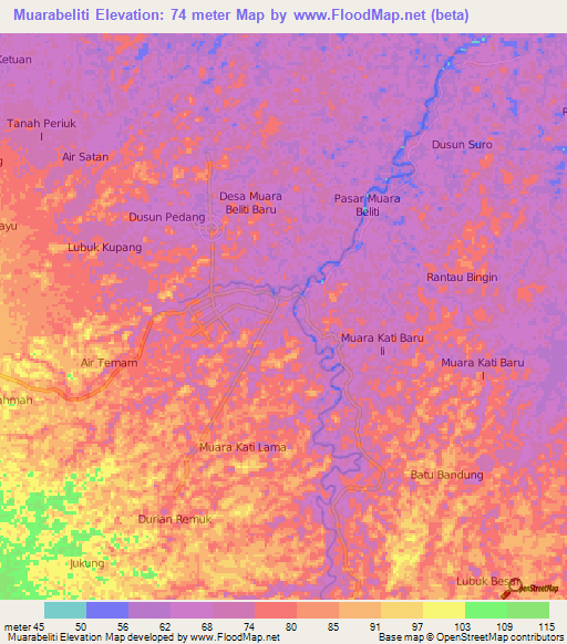 Muarabeliti,Indonesia Elevation Map