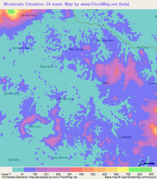 Monterado,Indonesia Elevation Map