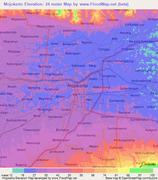 Mojokerto,Indonesia Elevation Map