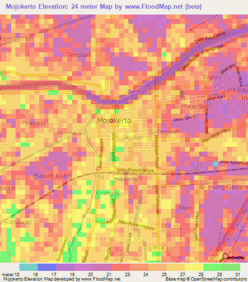 Mojokerto,Indonesia Elevation Map