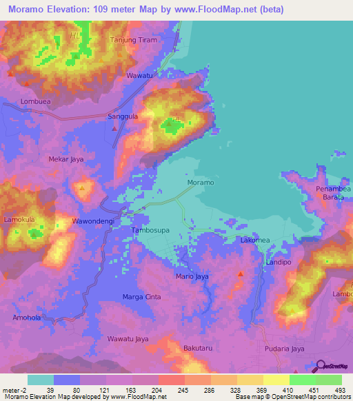 Moramo,Indonesia Elevation Map