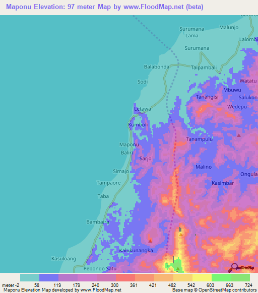 Maponu,Indonesia Elevation Map