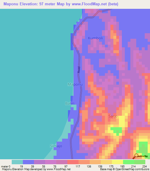 Maponu,Indonesia Elevation Map