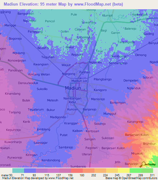 Madiun,Indonesia Elevation Map