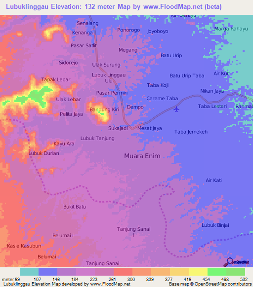 Lubuklinggau,Indonesia Elevation Map