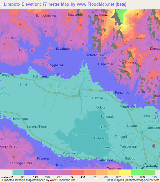 Limboto,Indonesia Elevation Map