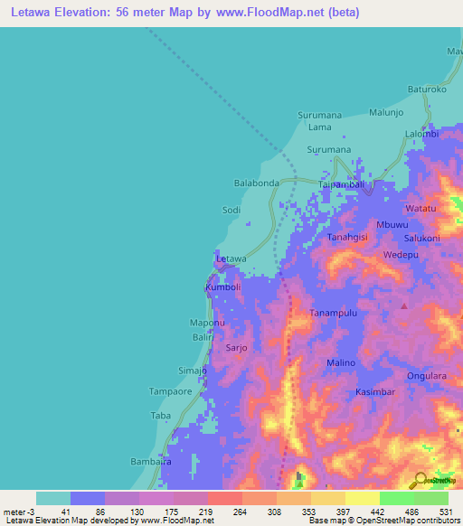 Letawa,Indonesia Elevation Map