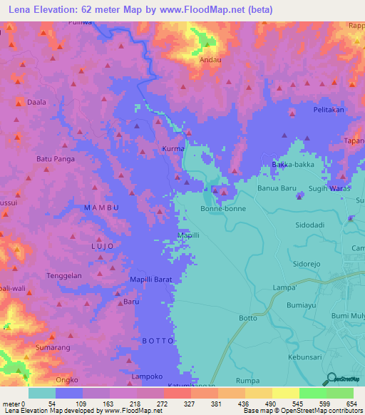 Lena,Indonesia Elevation Map