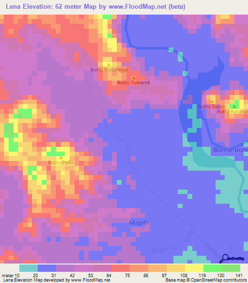 Lena,Indonesia Elevation Map