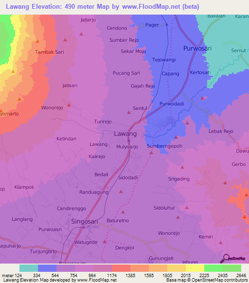 Lawang,Indonesia Elevation Map