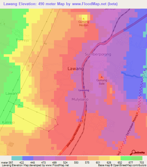 Lawang,Indonesia Elevation Map