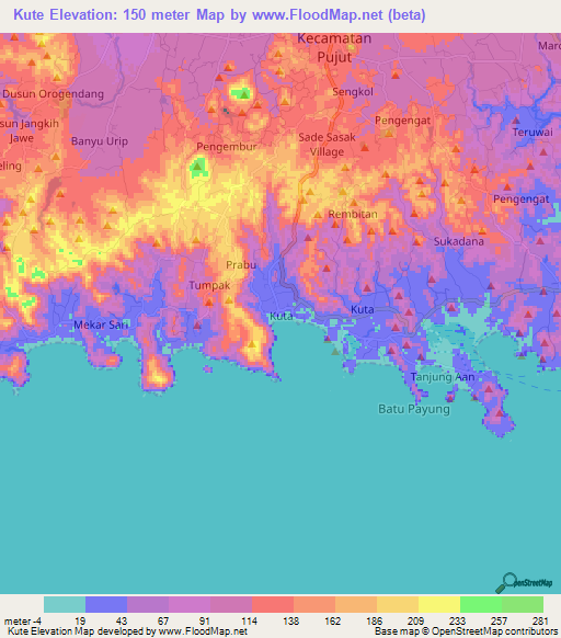 Kute,Indonesia Elevation Map