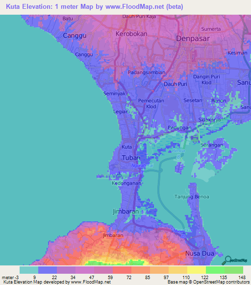 Kuta,Indonesia Elevation Map