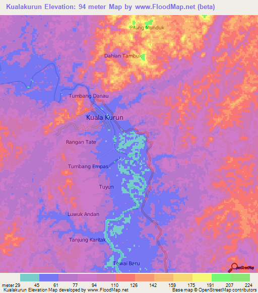 Kualakurun,Indonesia Elevation Map