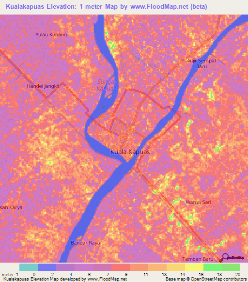 Kualakapuas,Indonesia Elevation Map
