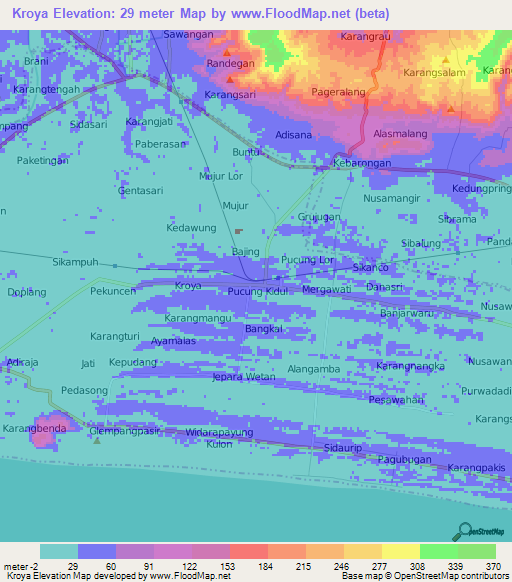 Kroya,Indonesia Elevation Map