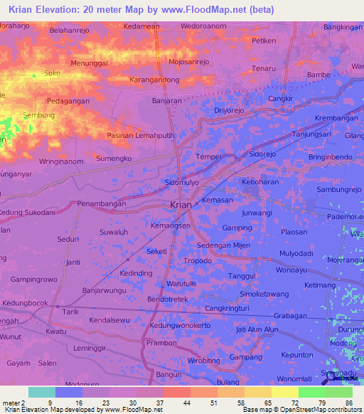 Krian,Indonesia Elevation Map