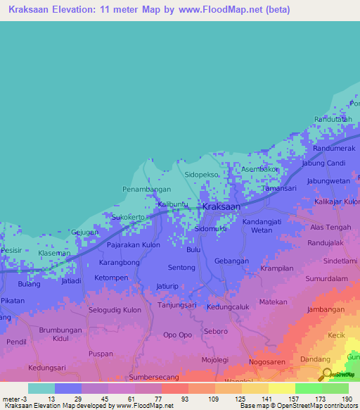 Kraksaan,Indonesia Elevation Map