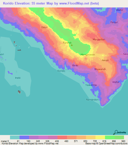 Korido,Indonesia Elevation Map