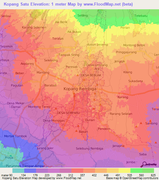 Kopang Satu,Indonesia Elevation Map