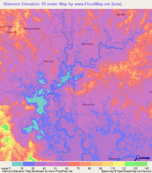 Klamono,Indonesia Elevation Map