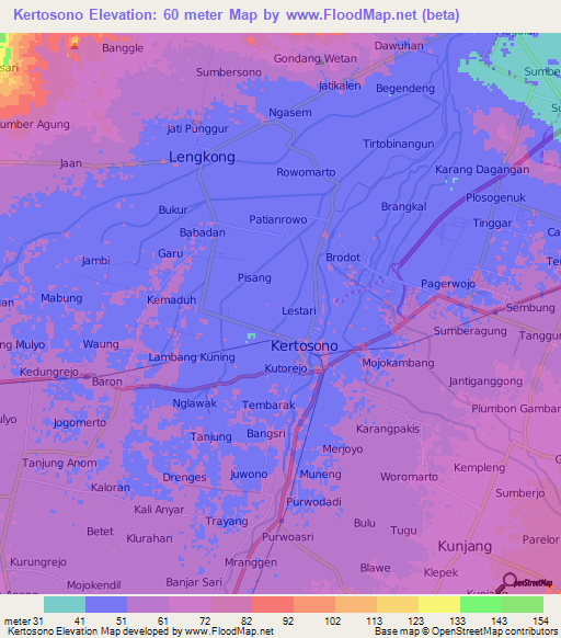 Kertosono,Indonesia Elevation Map