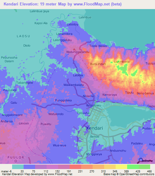 Kendari,Indonesia Elevation Map