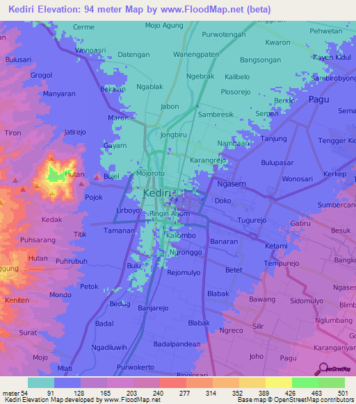 Kediri,Indonesia Elevation Map